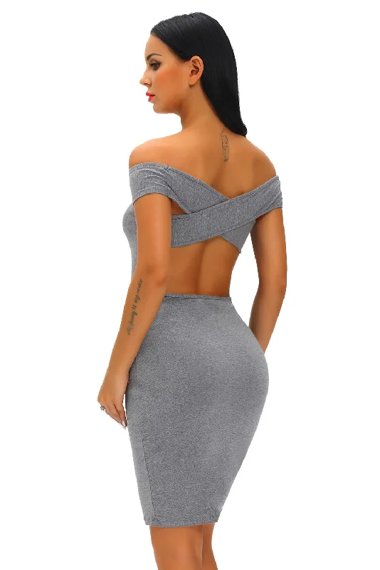 Charcoal Crisscross Off Shoulder Bodycon Dress Bodycon Wrap Gown