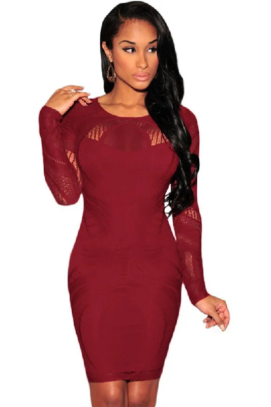 Date Red Lace Nude Illusion Long Sleeves Bodycon Dress Bodycon Dress Chic