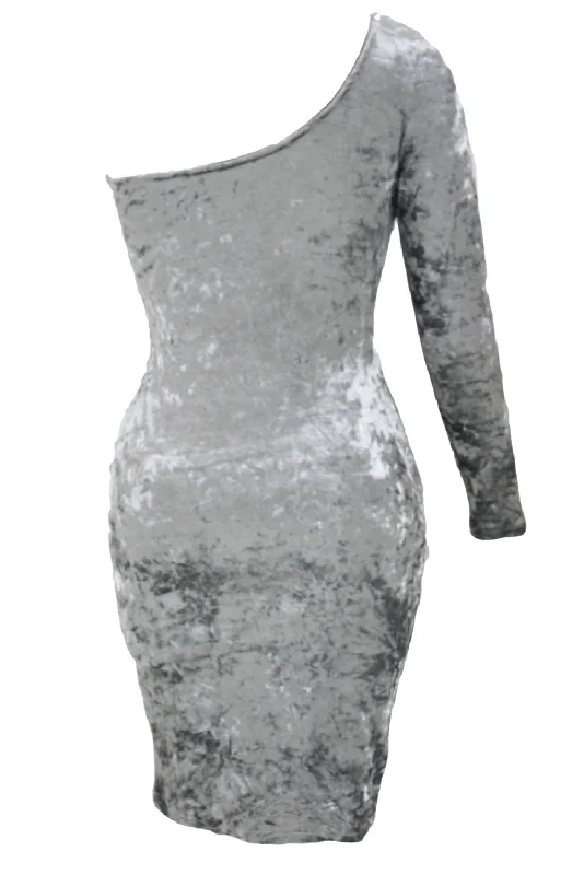 Gray Asymmetric One Sleeve Suede Bodycon Dress Sexy Bodycon Gown