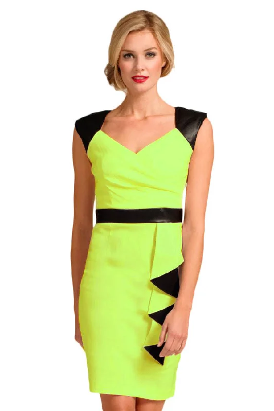 Green Black V Neck-line Bodycon Dress With Waterfall Details Sleeveless Bodycon Gown