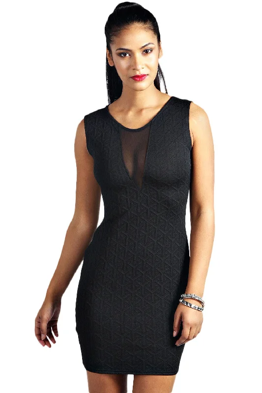 Black Textured Mesh Front Bodycon Dress Bodycon Dress Summer