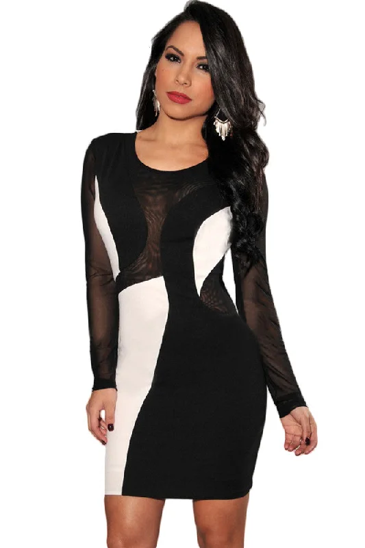 Black White Color-Block Mesh Sleeves Bodycon Dress Stylish Bodycon Dress