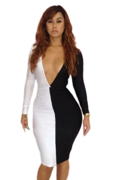 Black White Open Front 2 colors Patchwork Bodycon Dress Fitted Bodycon Dress