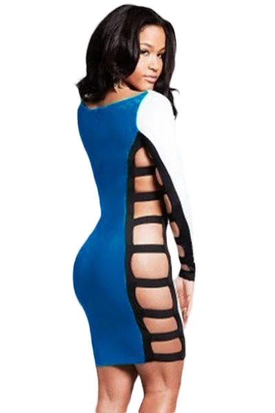 Blue Long Sleeve Sided Slits Bodycon Dress Chic Bodycon Fit