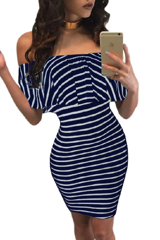 Blue White Striped Off-shoulder Bodycon Dress Bodycon Dress Glam