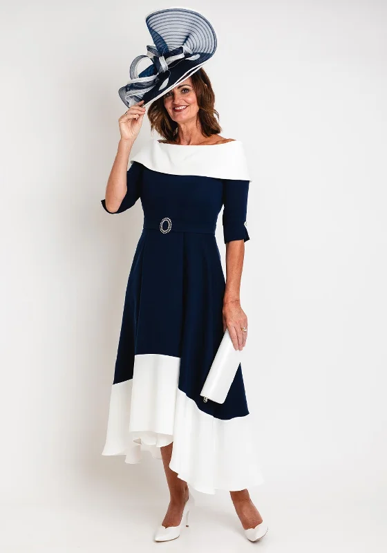 Claudia C Diana Off Shoulder A-line Midi Dress, Navy & White Midi Skirt Trendy