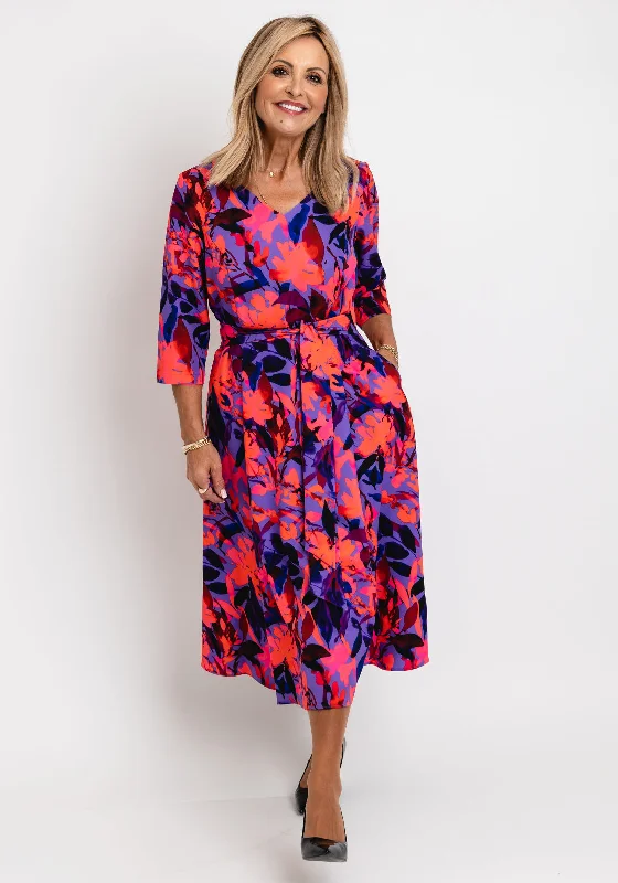 Coco Doll Judy Floral Print Midi Dress, Purple Soft Pleated Midi