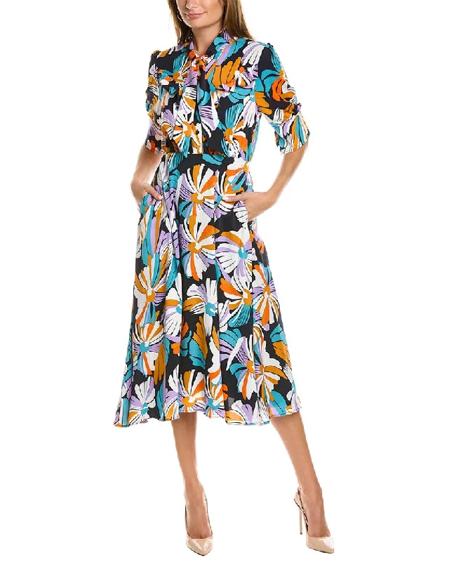 Gracia Flower Print Midi Dress Pleated Satin Skirt