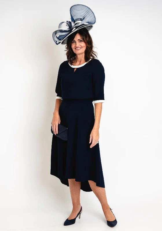 Lizabella Pearl Trim A-Line Midi Dress, Navy Flared Midi Skirt