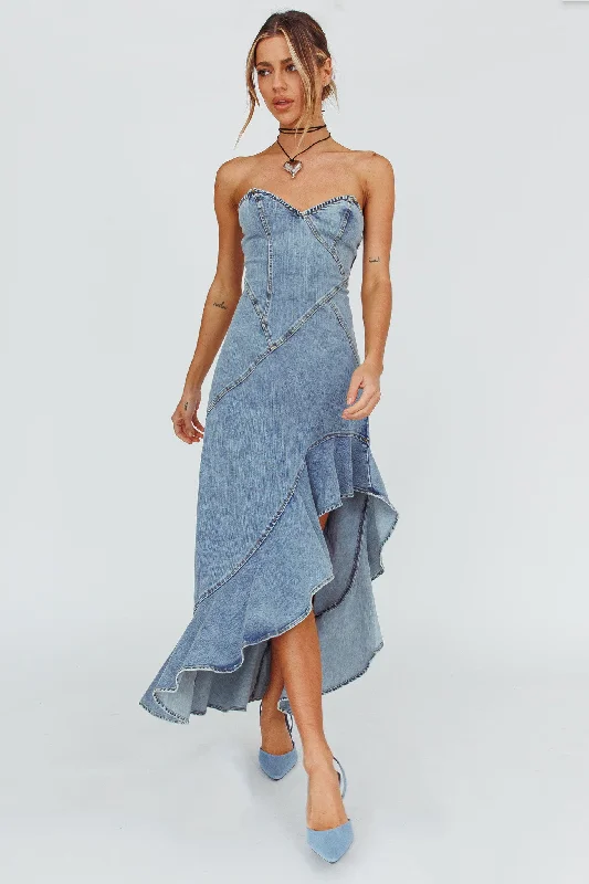 Moon Sweetheart Neckline Ruffle Midi Dress Denim Soft Pleated Midi