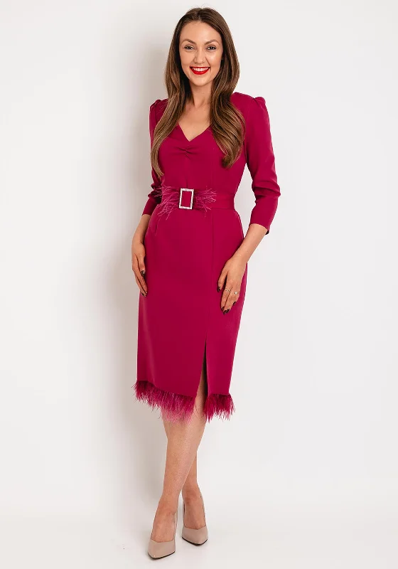 Olimara Feather Trim Midi Dress, Magenta Fitted Midi Skirt