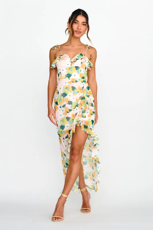 Portofino Cut-Out Split Midi Dress Floral Green Classic A-line Skirt