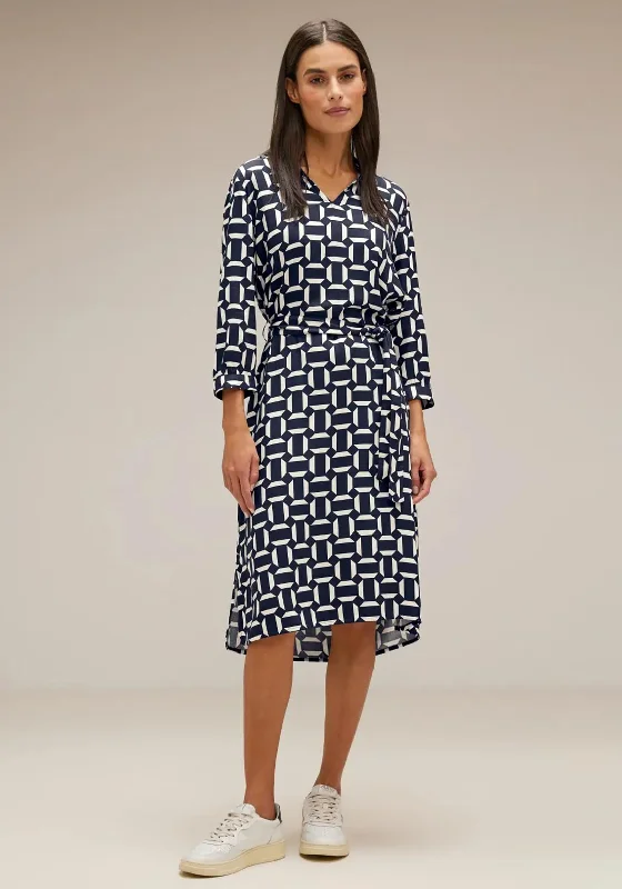 Street One Tie Waist Printed Midi Dress, Deep Blue High-Waisted Midi Skirt