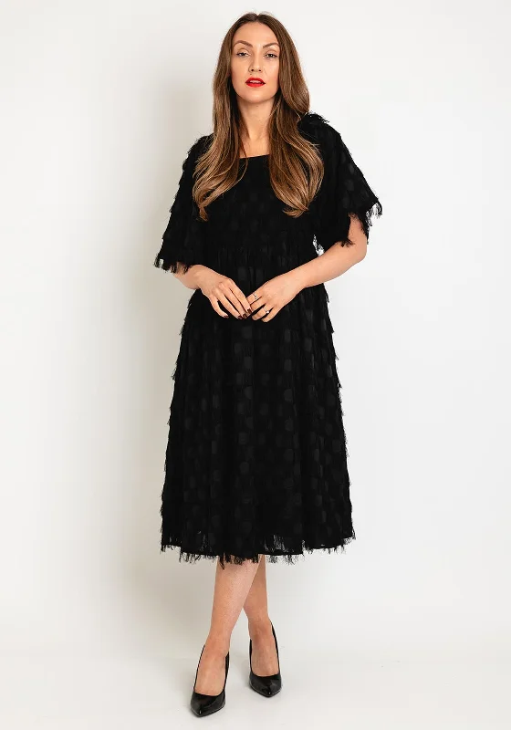 Y.A.S Square Neck Fringe Midi A-line Dress. Black Black Midi Skirt