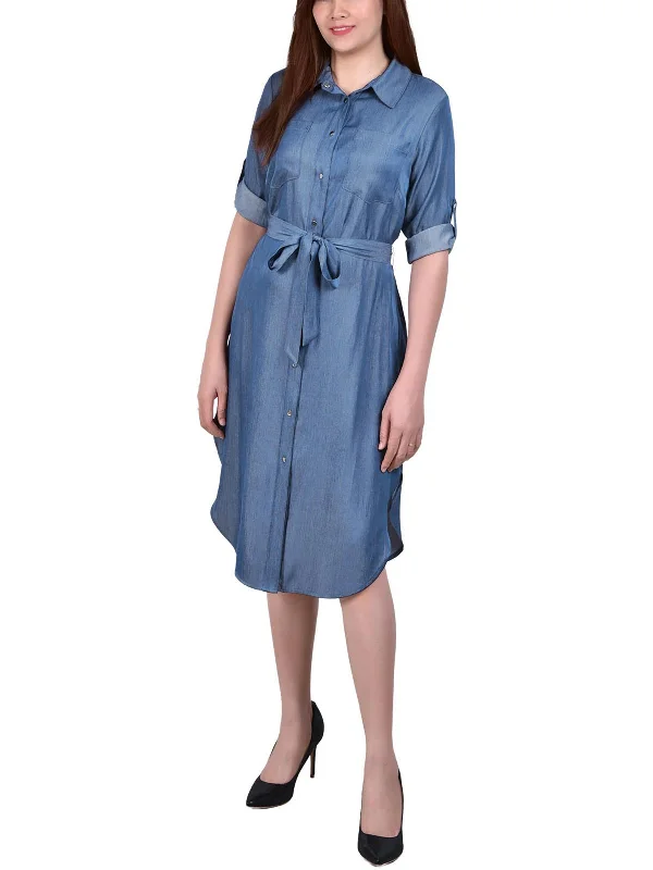 Petites Womens Denim Roll Sleeves Shirtdress Button-down Shirt Dress