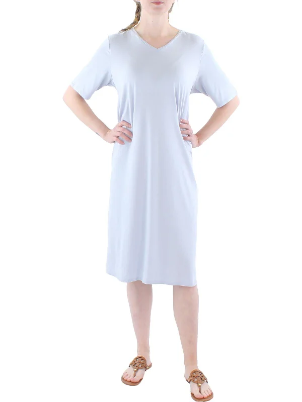 Womens V-Neck Knee T-Shirt Dress Blue Shirt Dress